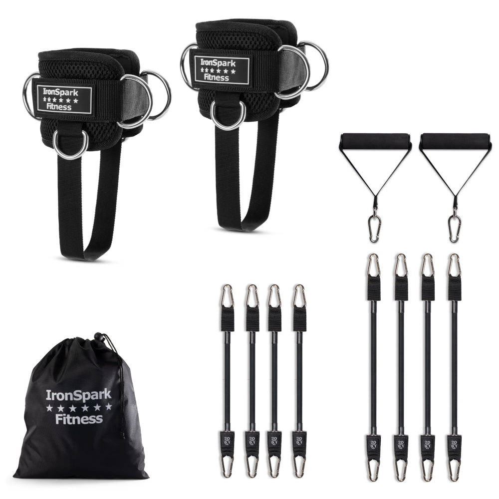 Ankle strap package displaying the straps, resistance bands, handles and carry pouch