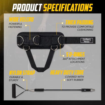 IronSpark Fitness ankle strap product specifications showing wide velcro, thick padding, five D-rings