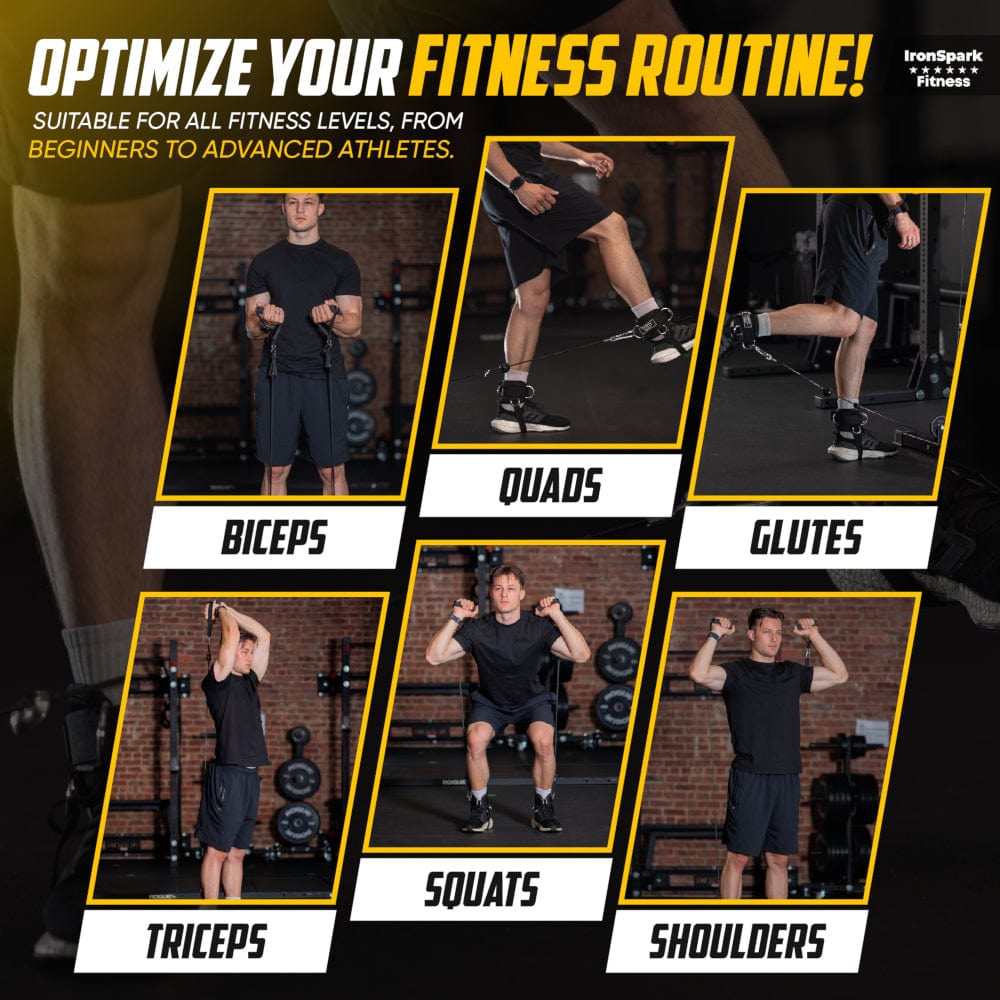 Optimize your routine with IronSpark Fitness ankle straps. Images showing exercises for biceps, quads, glutes, squats, triceps, and shoulders