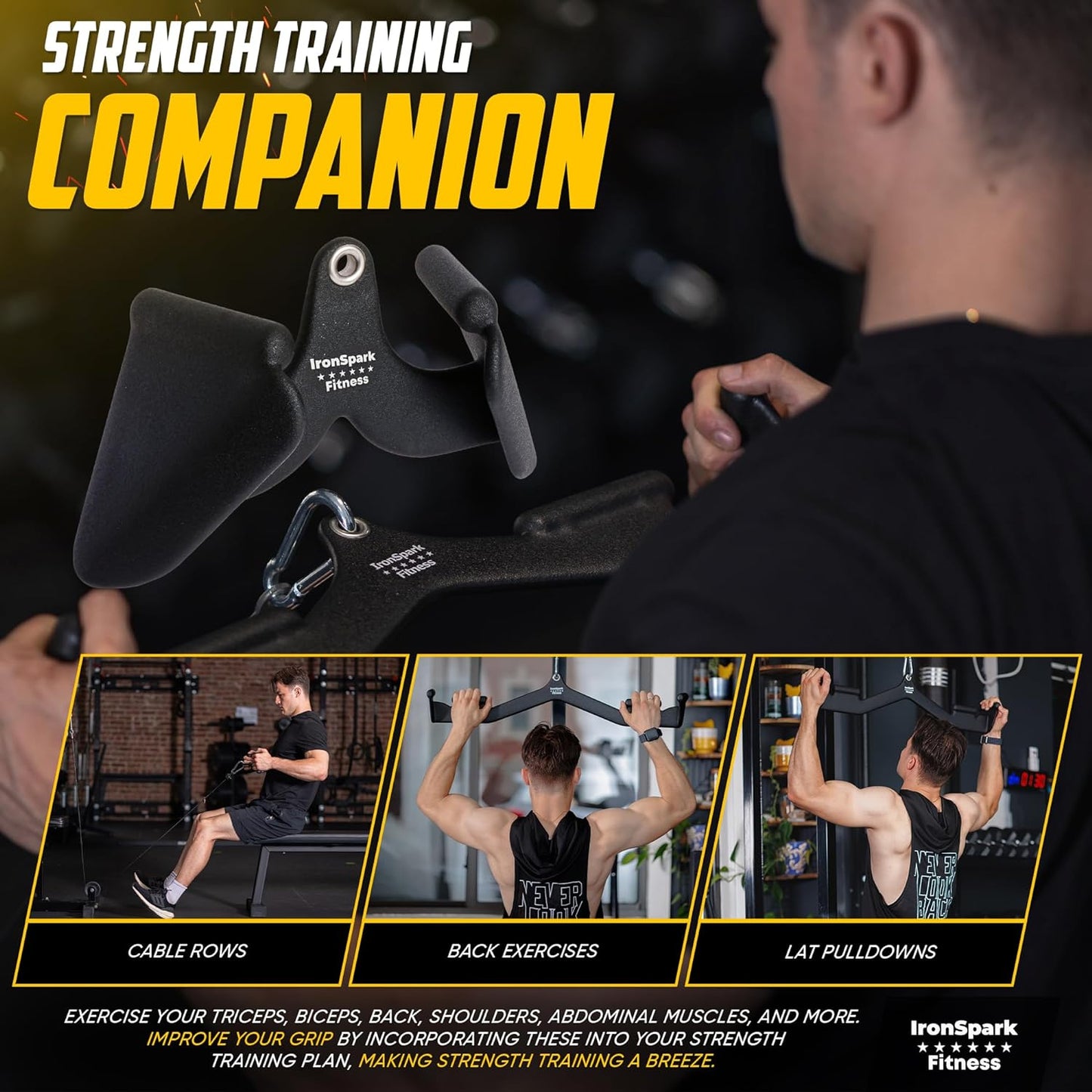 Strength training companion promotional collage showing IronSpark Fitness cable attachments